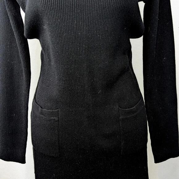 AB STUDIO! SLEEK BLACK RIBBED KNIT POCKET 2 FRONT SWEATER DRESS! SZ M - Picture 4 of 9